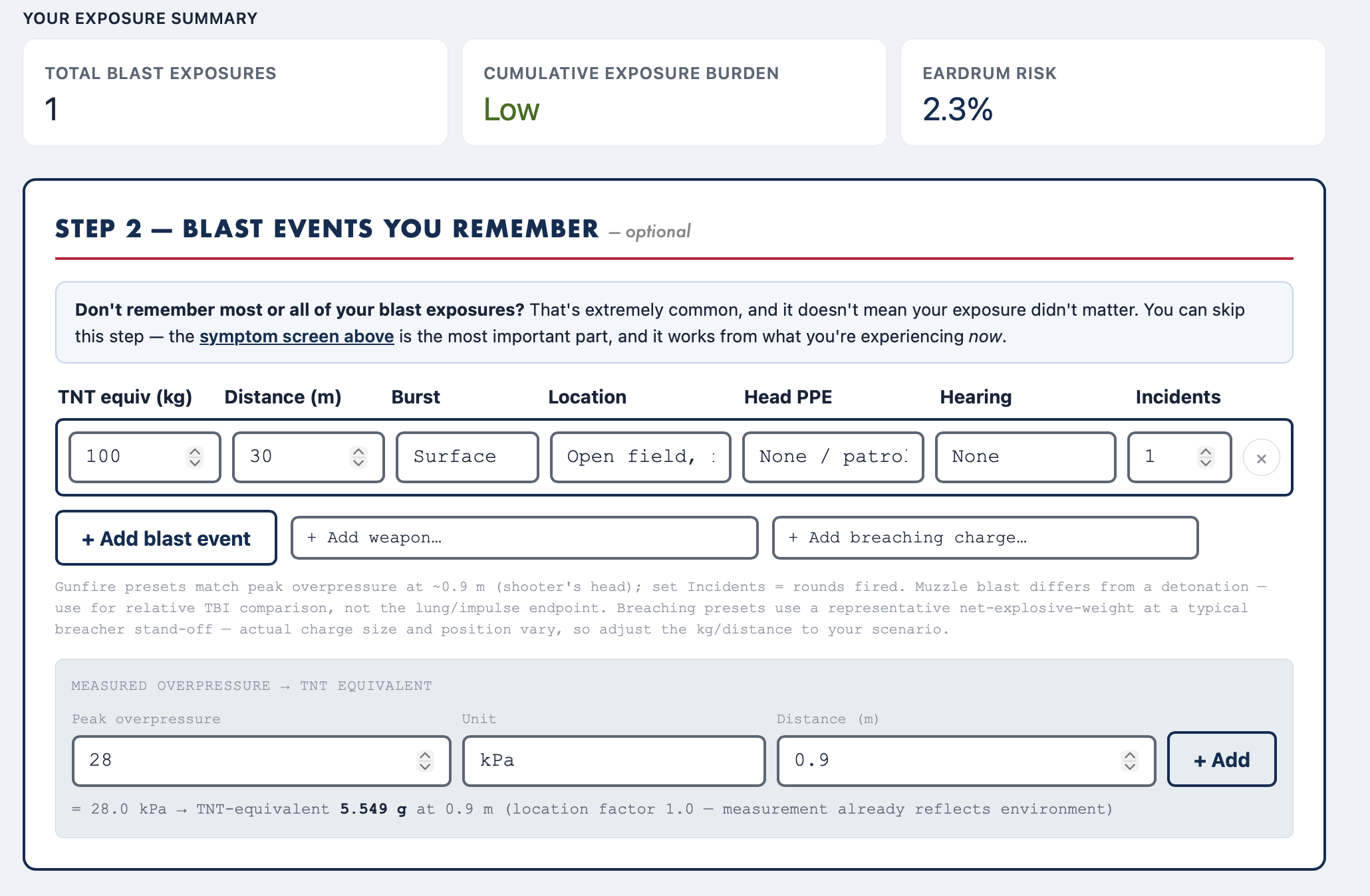 Log blast events with an exposure summary